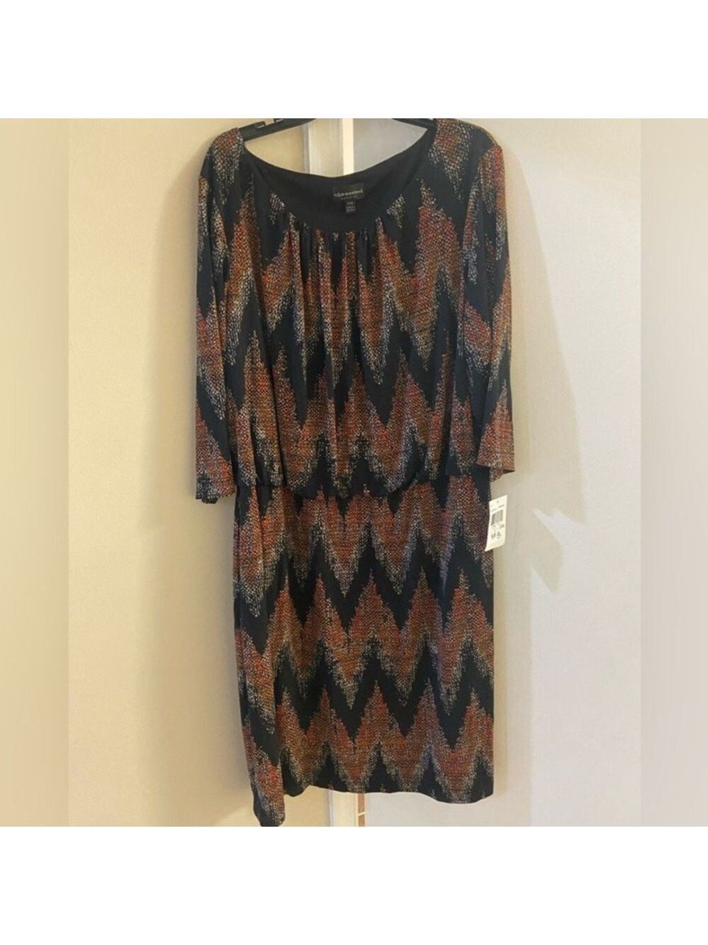 Connected Apparel Zigzag Long Sleeve Dress - Black, Orange, Cream 24W NWT